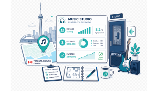 Music Studio / Practice Rooms planning illustration for Toronto with a map pin and feasibility dashboard