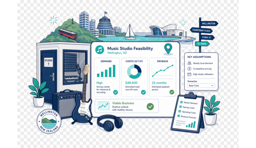 Music Studio / Practice Rooms planning illustration for Wellington with a map pin and feasibility dashboard