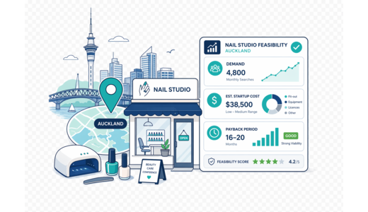 Nail Beauty Studio planning illustration for Auckland with a map pin and feasibility dashboard