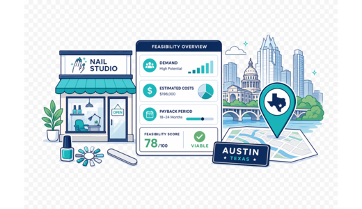 Nail Beauty Studio planning illustration for Austin with a map pin and feasibility dashboard