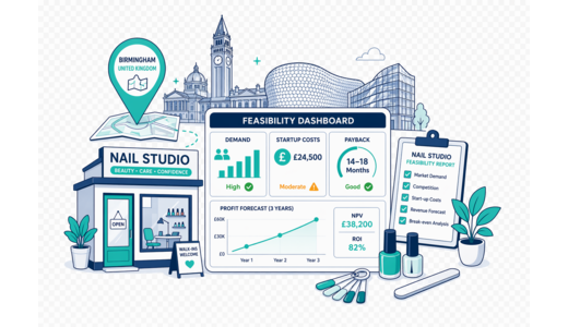 Nail Beauty Studio planning illustration for Birmingham with a map pin and feasibility dashboard