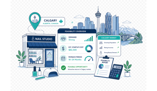 Nail Beauty Studio planning illustration for Calgary with a map pin and feasibility dashboard