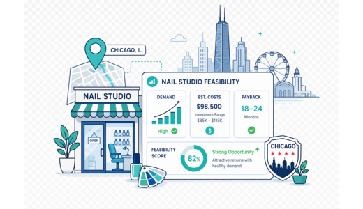 Nail Beauty Studio planning illustration for Chicago with a map pin and feasibility dashboard