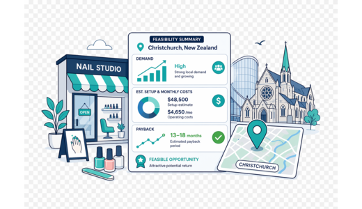 Nail Beauty Studio planning illustration for Christchurch with a map pin and feasibility dashboard