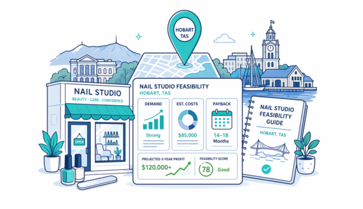 Nail Beauty Studio planning illustration for Hobart with a map pin and feasibility dashboard