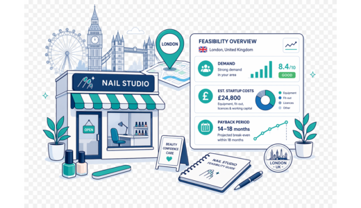 Nail Beauty Studio planning illustration for London with a map pin and feasibility dashboard
