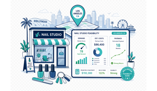 Nail Beauty Studio planning illustration for Los Angeles with a map pin and feasibility dashboard