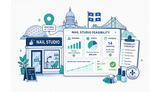Nail Beauty Studio planning illustration for Montreal with a map pin and feasibility dashboard