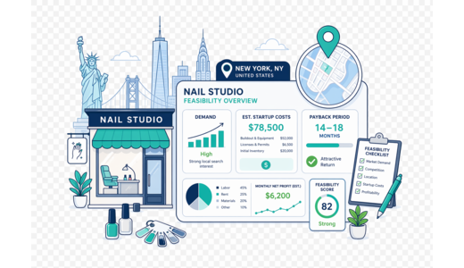 Nail Beauty Studio planning illustration for New York with a map pin and feasibility dashboard