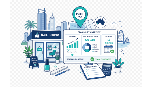 Nail Beauty Studio planning illustration for Perth with a map pin and feasibility dashboard