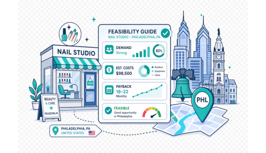 Nail Beauty Studio planning illustration for Philadelphia with a map pin and feasibility dashboard