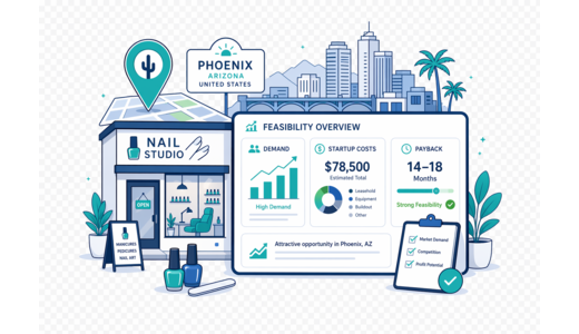 Nail Beauty Studio planning illustration for Phoenix with a map pin and feasibility dashboard