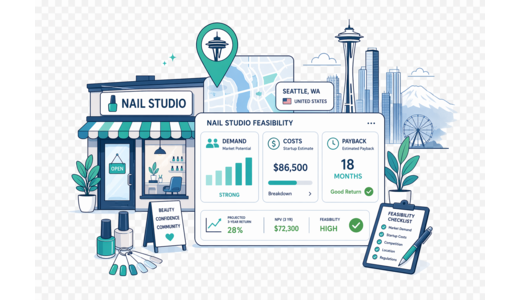 Nail Beauty Studio planning illustration for Seattle with a map pin and feasibility dashboard