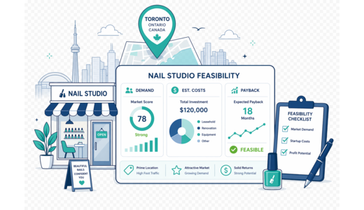 Nail Beauty Studio planning illustration for Toronto with a map pin and feasibility dashboard