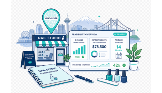 Nail Beauty Studio planning illustration for Vancouver with a map pin and feasibility dashboard
