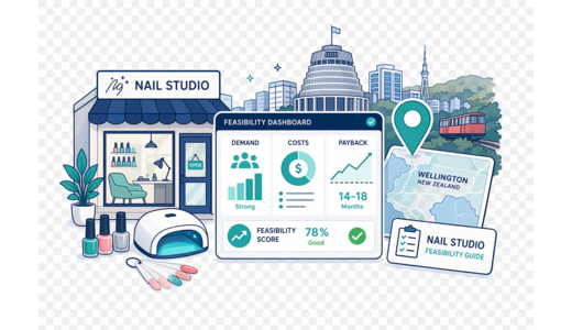 Nail Beauty Studio planning illustration for Wellington with a map pin and feasibility dashboard