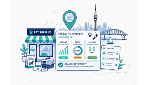 Pet Supplies Store planning illustration for Auckland with a map pin and feasibility dashboard