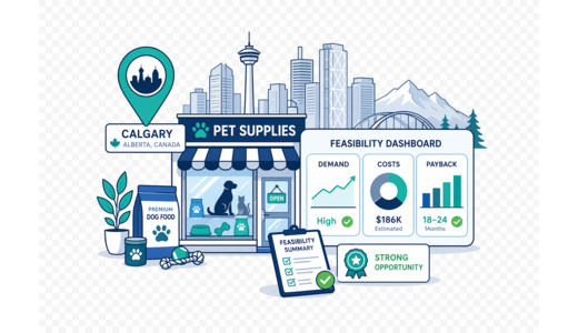 Pet Supplies Store planning illustration for Calgary with a map pin and feasibility dashboard