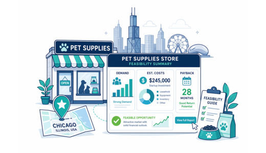 Pet Supplies Store planning illustration for Chicago with a map pin and feasibility dashboard