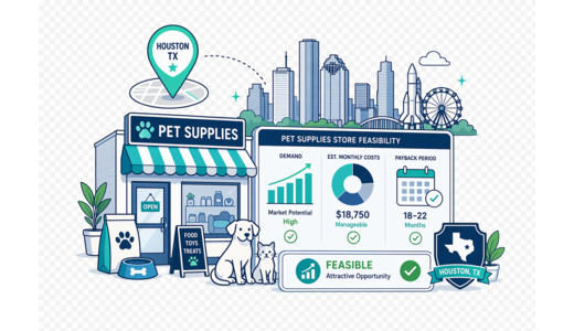 Pet Supplies Store planning illustration for Houston with a map pin and feasibility dashboard