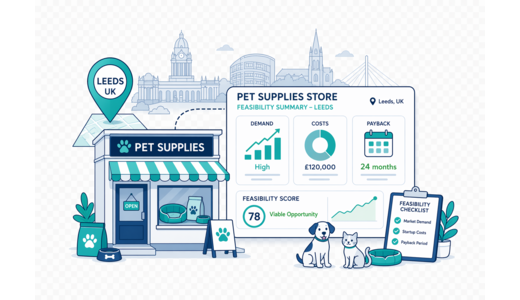Pet Supplies Store planning illustration for Leeds with a map pin and feasibility dashboard