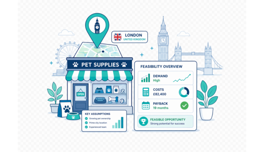 Pet Supplies Store planning illustration for London with a map pin and feasibility dashboard