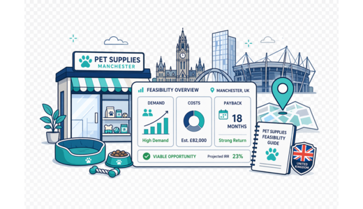 Pet Supplies Store planning illustration for Manchester with a map pin and feasibility dashboard