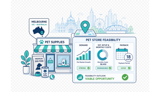 Pet Supplies Store planning illustration for Melbourne with a map pin and feasibility dashboard