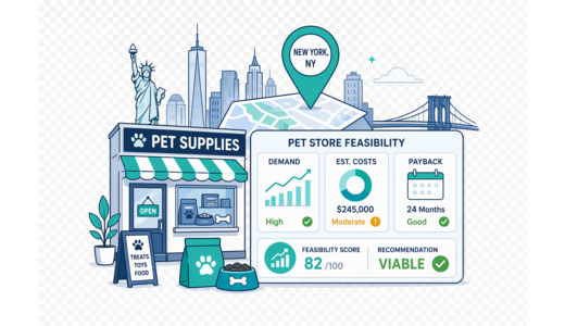 Pet Supplies Store planning illustration for New York with a map pin and feasibility dashboard