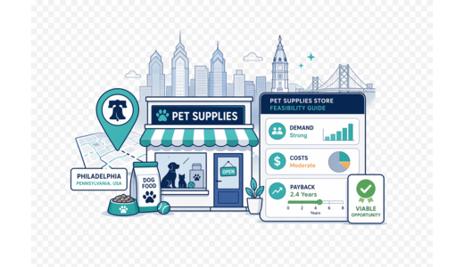 Pet Supplies Store planning illustration for Philadelphia with a map pin and feasibility dashboard