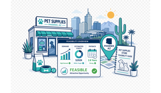 Pet Supplies Store planning illustration for Phoenix with a map pin and feasibility dashboard