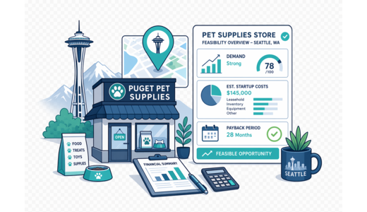Pet Supplies Store planning illustration for Seattle with a map pin and feasibility dashboard