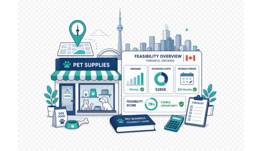 Pet Supplies Store planning illustration for Toronto with a map pin and feasibility dashboard