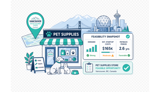 Pet Supplies Store planning illustration for Vancouver with a map pin and feasibility dashboard