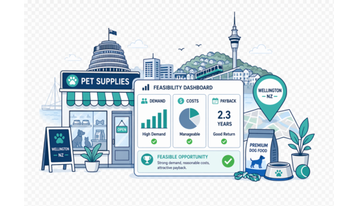 Pet Supplies Store planning illustration for Wellington with a map pin and feasibility dashboard