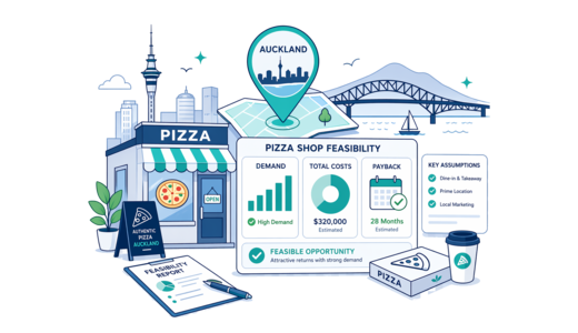 Pizza Shop planning illustration for Auckland with a map pin and feasibility dashboard