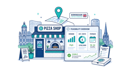 Pizza Shop planning illustration for Birmingham with a map pin and feasibility dashboard