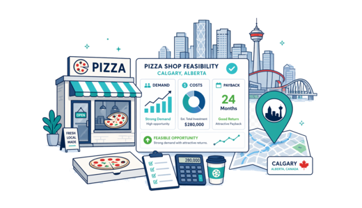 Pizza Shop planning illustration for Calgary with a map pin and feasibility dashboard