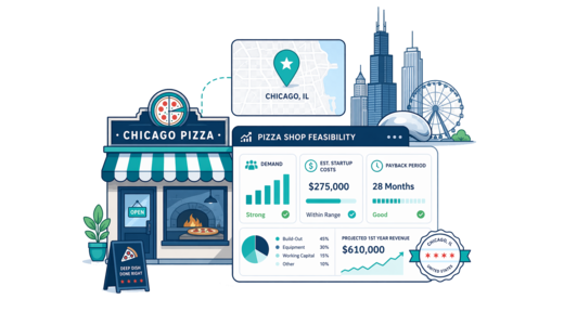 Pizza Shop planning illustration for Chicago with a map pin and feasibility dashboard