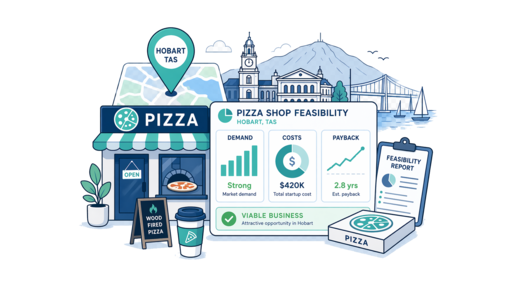 Pizza Shop planning illustration for Hobart with a map pin and feasibility dashboard