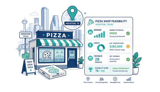 Pizza Shop planning illustration for Houston with a map pin and feasibility dashboard