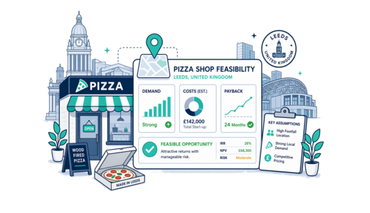 Pizza Shop planning illustration for Leeds with a map pin and feasibility dashboard