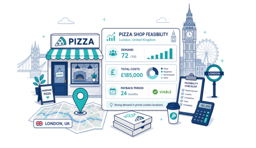Pizza Shop planning illustration for London with a map pin and feasibility dashboard