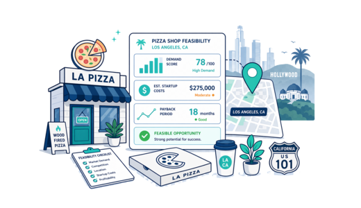 Pizza Shop planning illustration for Los Angeles with a map pin and feasibility dashboard
