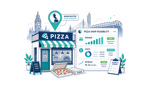 Pizza Shop planning illustration for Manchester with a map pin and feasibility dashboard