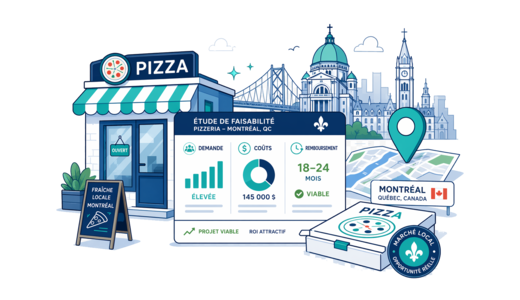 Pizza Shop planning illustration for Montreal with a map pin and feasibility dashboard