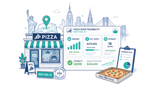 Pizza Shop planning illustration for New York with a map pin and feasibility dashboard