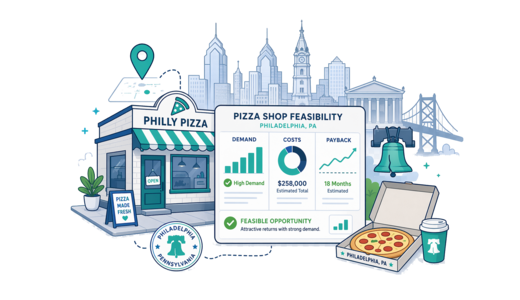Pizza Shop planning illustration for Philadelphia with a map pin and feasibility dashboard