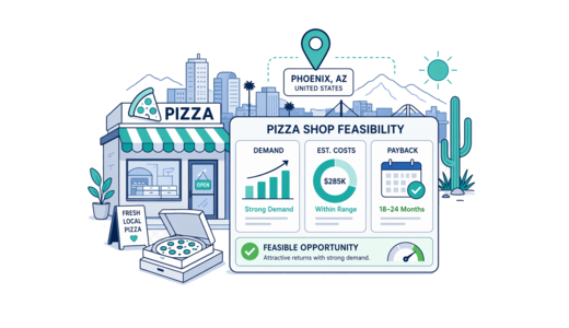 Pizza Shop planning illustration for Phoenix with a map pin and feasibility dashboard