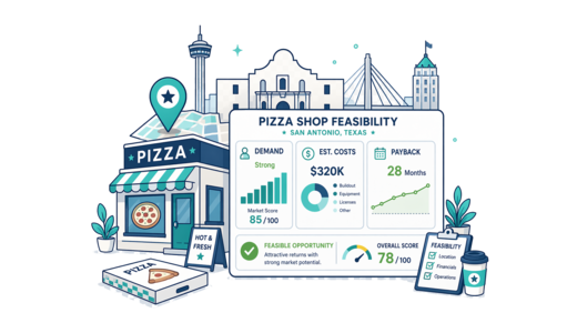 Pizza Shop planning illustration for San Antonio with a map pin and feasibility dashboard